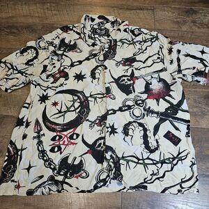 Very Cool 3XL Gothic Tattoo Print Button Up Shirt Rayon Skull Snake Dagger Punk